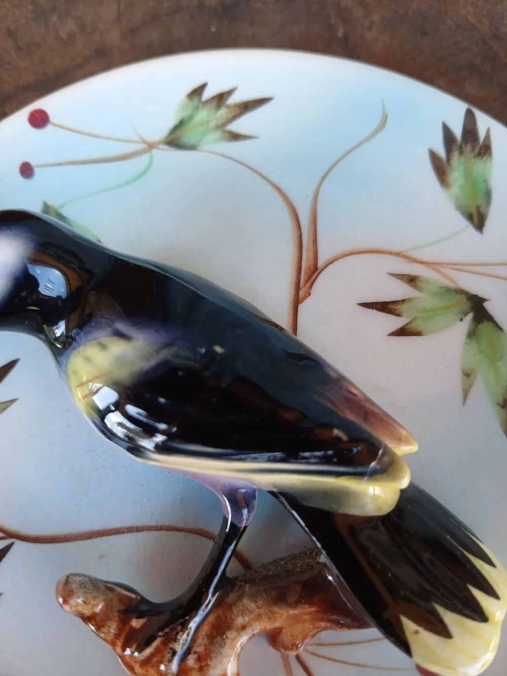 Hand-Painted Ceramic Bird Figurine in Black and Yellow